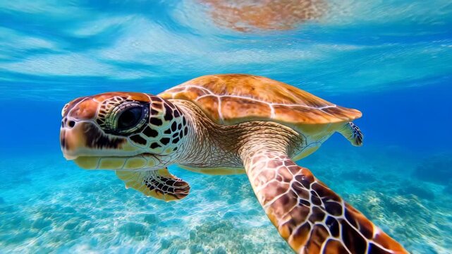 Turtle swims gracefully in clear blue water over coral reef in tropical environment during bright sunny day
