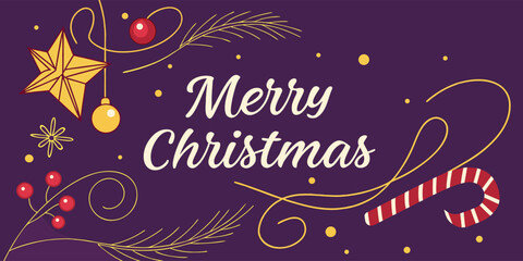 Elegant Merry Christmas text with 3D decorations on a deep purple gradient background, designed for premium festive card designs.