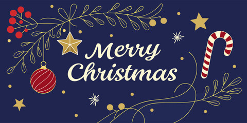 Christmas decorations and festive text on a rich midnight blue gradient background, designed for stylish and modern holiday cards.