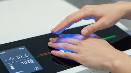 A person is using a digital health monitor to check vital signs, including pulse and temperature, on a sleek electronic device.