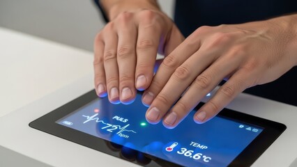 A person measuring vital signs on a touchscreen device, displaying pulse and temperature readings with a modern interface.