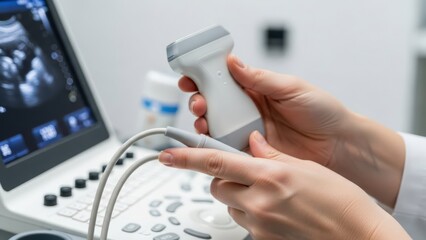 A medical professional holds an ultrasound probe while using imaging equipment in a clinical setting.