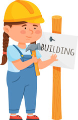 Young girl builder hammering sign for building concept