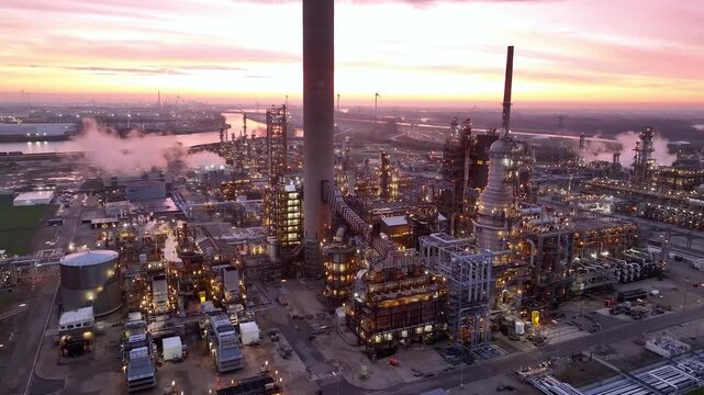 Aerial view of chemical plant at sunset. Drone shot. Billowing steam from smoke stack filling sky. Smoking chimneys from factory. Chimneys of big oil refinery at sunrise polluting environment. Night
