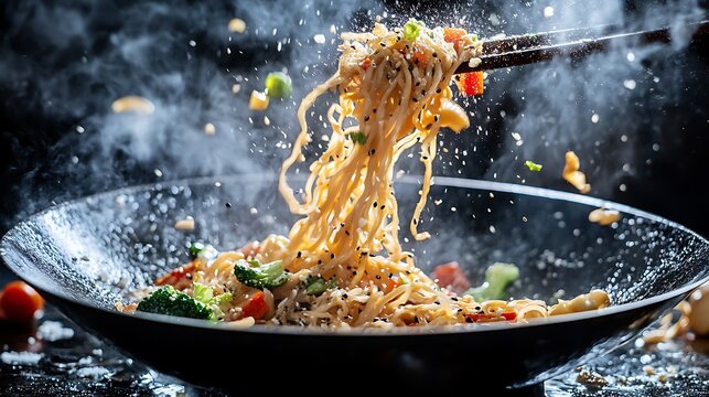 Stir-fried Hakka noodles in a wok with visible steam, being tossed mid-air with vegetables flying