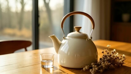 Wooden table with vintage white porcelain teapot and bouquet