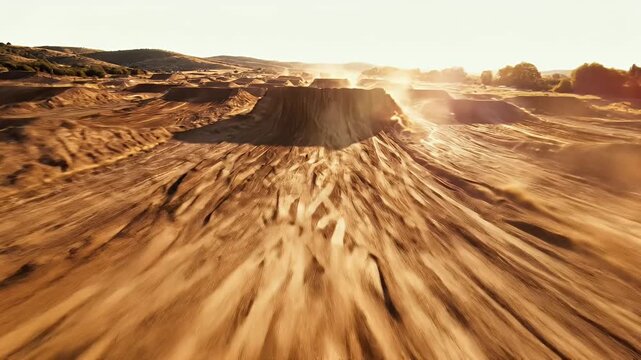 Aerial view of dirt motocross track with multiple jumps and berms under golden sunset light, outdoor off-road racing terrain perfect for extreme sports events