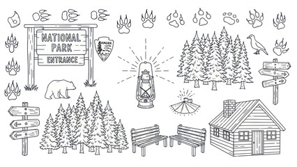 Outdoors vector elements park signs trees cabin and animal tracks illustration