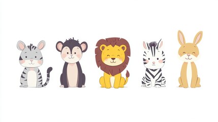 Naklejka premium Cute Minimal Cartoon Animal Characters Illustration Set