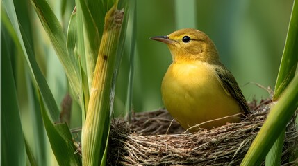 A small yellow bird sits in its nest among green reeds.