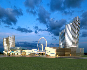 Modern Urban Skyline with High-Rise Towers at Dusk. 3D Rendering