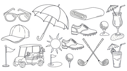 Outlined golfing elements sunglasses umbrella and golf cart composition © Kurni