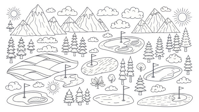 Outlined golf course elements with mountains clouds sun and trees vector illustration