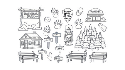 Naklejka premium National park elements vector illustrations of signs buildings and nature