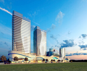 Modern Urban Skyline with High-Rise Towers at Dusk. 3D Rendering