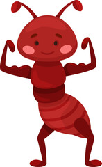 Red cartoon ant character showing strong muscles