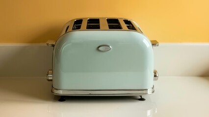 Vintage light green toaster with yellow background