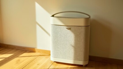 Vintage white air purifier stand by the wooden ground