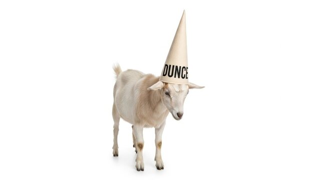 goat wearing a dunce cap hat, dim, dumb, stupid, on a white background, animal photo