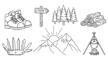 Outdoor adventure and camping themed vector illustrations in monochrome © Efan