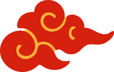 A stylized red cloud motif with flowing curves and golden swirl accents inspired by traditional East Asian decorative art.