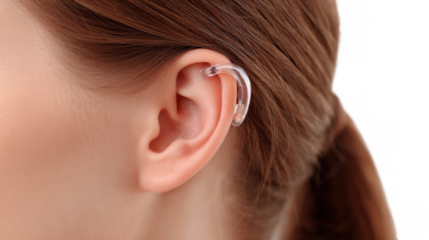 Modern hearing aid device attached to an ear, enhancing auditory function and improving communication for individuals with hearing impairment, isolated on a transparent background