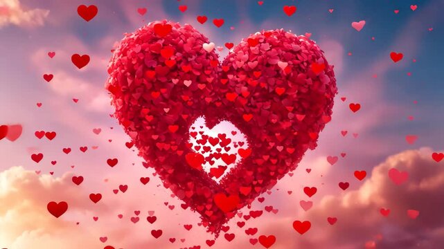 Magical explosion with red and pink hearts on blurred sky background