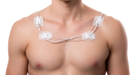 Doctor is applying ecg electrodes on the chest of a shirtless patient, preparing him for an electrocardiogram - ecg - to monitor heart activity, on a transparent background