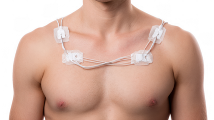 Doctor is applying ecg electrodes on the chest of a shirtless patient, preparing him for an electrocardiogram - ecg - to monitor heart activity, on a transparent background