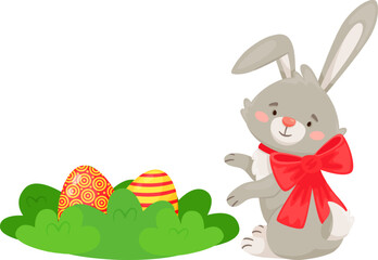 Easter bunny finding colorful eggs in green grass