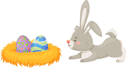 Easter bunny discovering colorful eggs in a nest