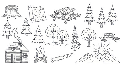 Outdoors adventure elements hand drawn illustration for nature and travel © Wati