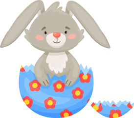 Cute gray bunny hatching from blue Easter egg