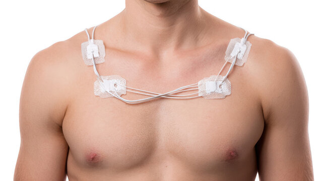 Doctor is applying ecg electrodes on the chest of a shirtless patient, preparing him for an electrocardiogram - ecg - to monitor heart activity, on a transparent background