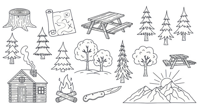 Outdoors adventure elements hand drawn illustration for nature and travel