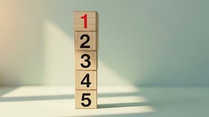 A stack of wooden blocks with numbers one to five in a vertical order on a white surface and background