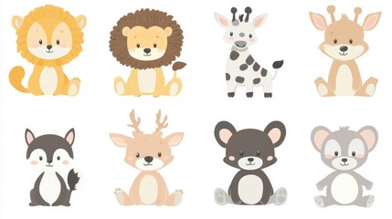 Cute Minimal Cartoon Animal Characters Illustration Set