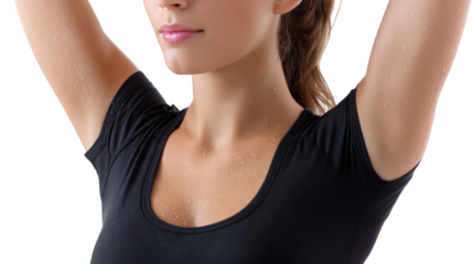 Close up of sweaty female athlete demonstrating excessive perspiration after exercising, highlighting the body's natural cooling mechanism against transparent background