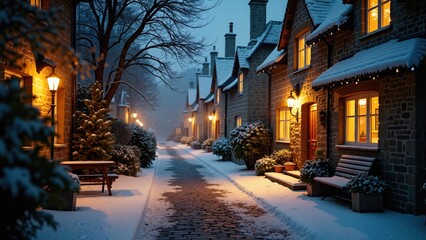 Fototapeta premium Photorealistic / cozy lifestyle photo: `High-resolution photo-style image of an English village street at night, fresh snowfall, stone cottages with real glowing windows, frosty cobblestones, subtle b
