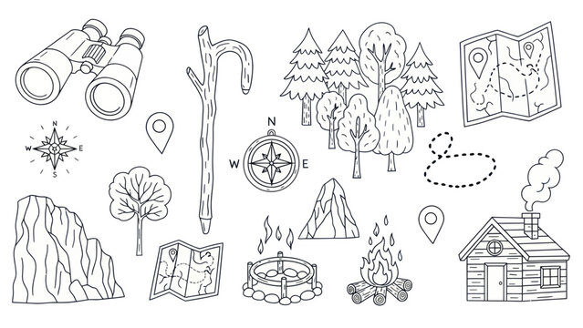 Outdoor adventure elements illustration compass map binoculars forest cabin
