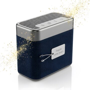 Modern portable speaker with happy new years tag and gold sparkles
