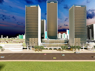 Modern Urban Skyline with High-Rise Towers at Dusk. 3D Rendering