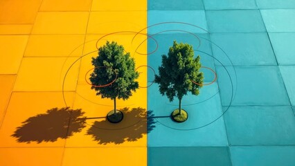 Double Tree Art Illustration with Yellow and Blue Background