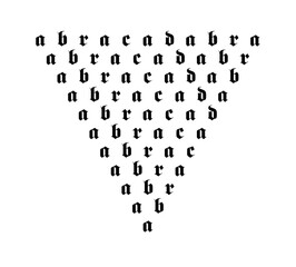 Abracadabra, a magic word, written in Fraktur lowercase letters. Protective incantation on amulets and in stage magic. Equilateral triangle of eleven rows of the same word, shortened by one letter.