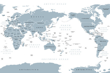Pacific centered world map. Gray political map, placing Pacific Ocean at the center, showcasing Asia, Oceania, and the Americas around it, emphasizing the Pacific Rim. Cylindrical projection.  Vector