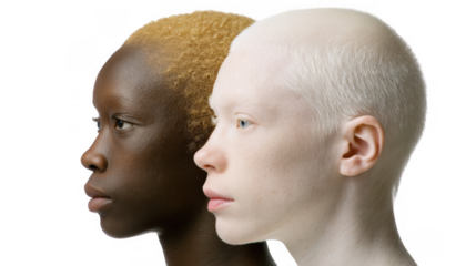 Two models with closed eyes showing skin tone variation due to albinism and melanin on a transparent background, highlighting diversity and inclusion