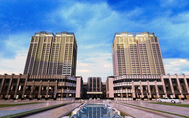 Modern Urban Skyline with High-Rise Towers at Dusk. 3D Rendering