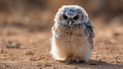 Adorable fluffy baby owl standing on the ground looking at the camera.