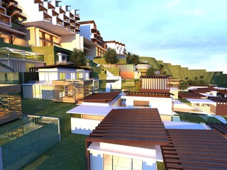 Luxury Hillside Resort Villas with Infinity Pools. 3D Rendering