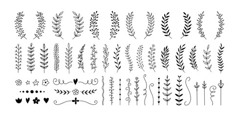 Christmas branch doodle with leaves silhouette for wreath, winter decor. Hand drawn botanical twig, floral wedding card or vector border. Creative frame, vintage invitation cute nature art